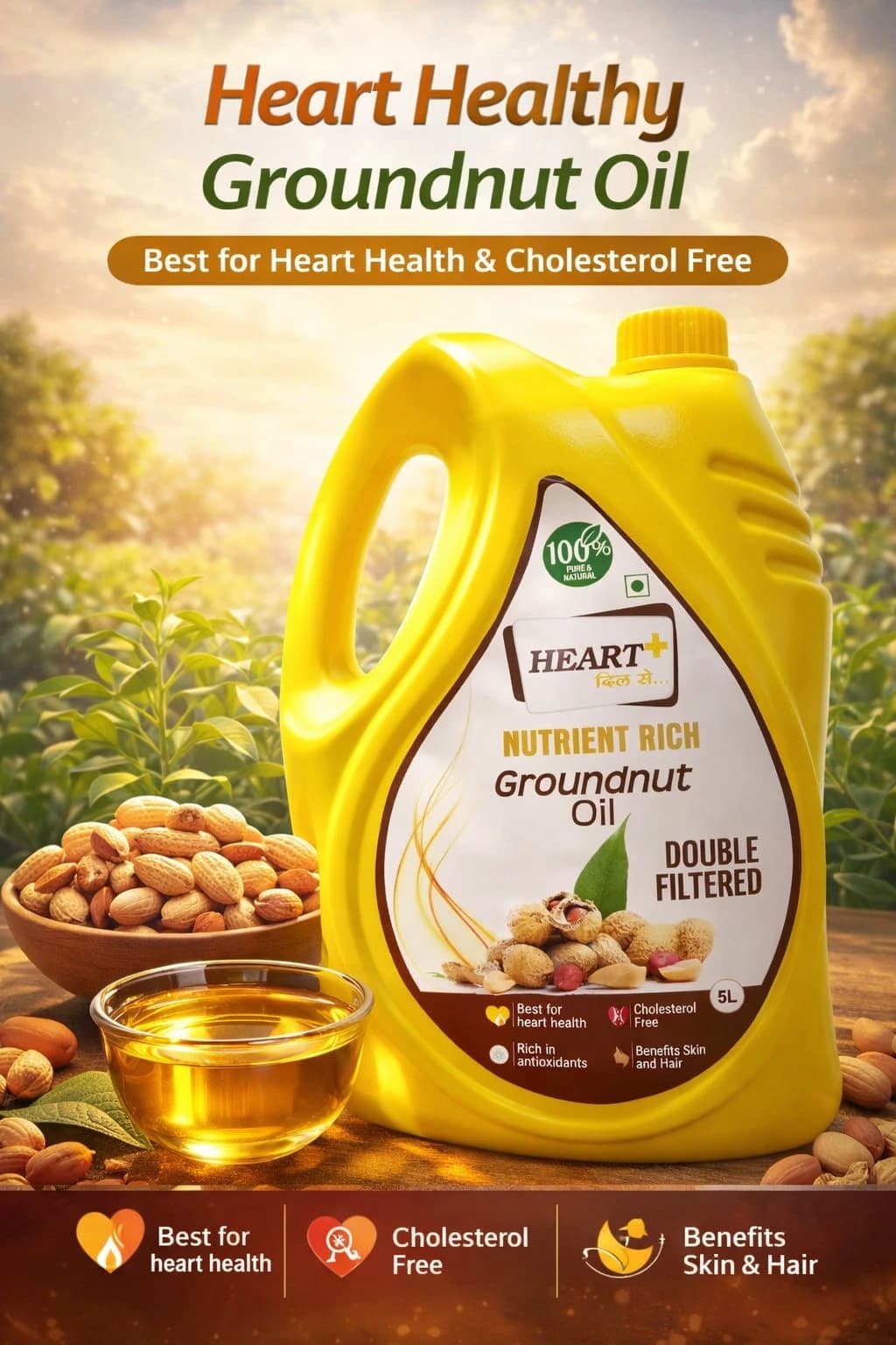 Promotional artwork featuring the My Heart Plus 5 litre groundnut oil pack with packaging close-up.